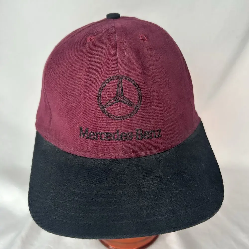 Vintage Mercedes Benz Strap Back Hat Maroon Black Leather Strap Made In USA